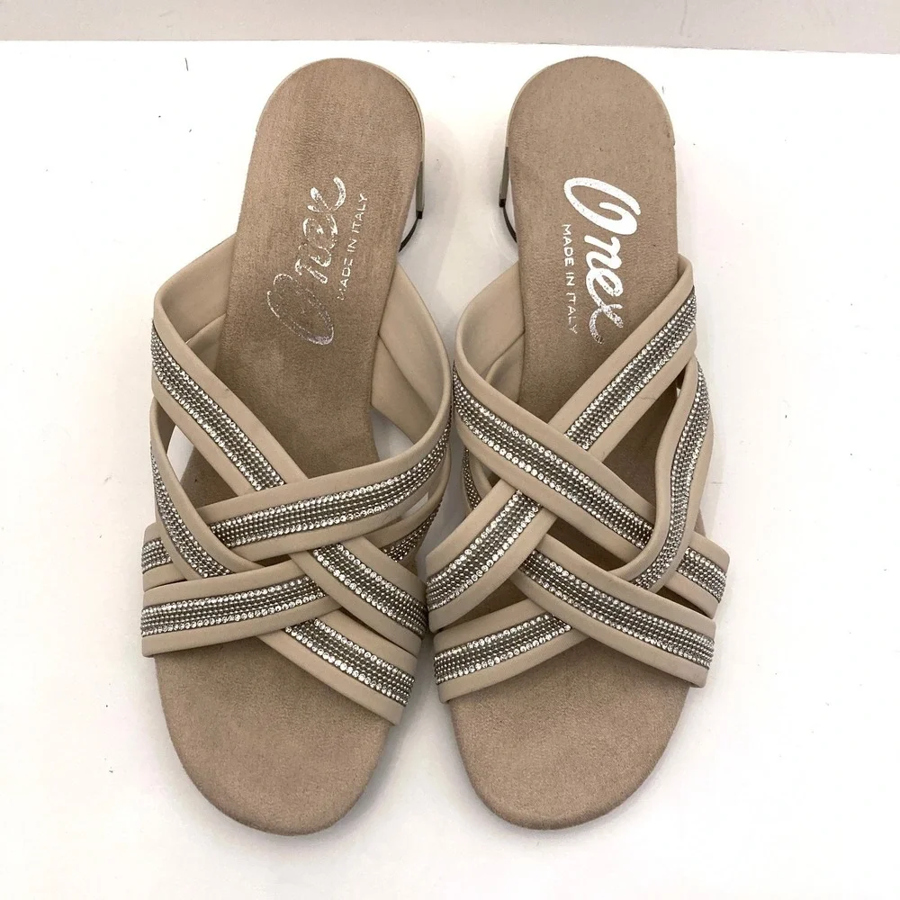 Onex Misha Sandals Block Heel Womens 8 Beige Straps Crystals Made In Italy - Picture 1 of 9